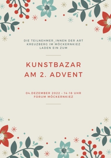 Plakat mit Pflanzenmotiven, Text: Kunstbazar am 2. Advent